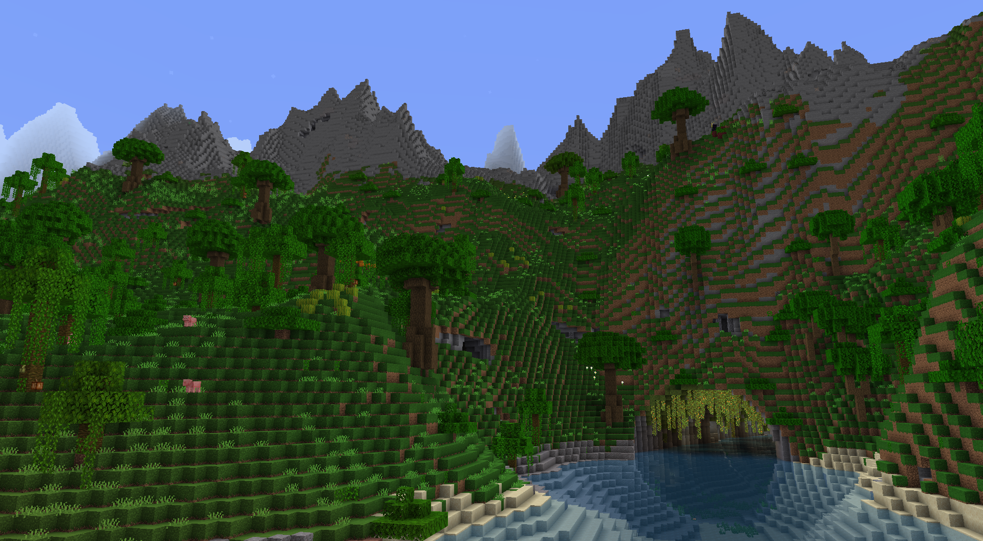 Горы в джунглях с водопадами и лианами в Minecraft