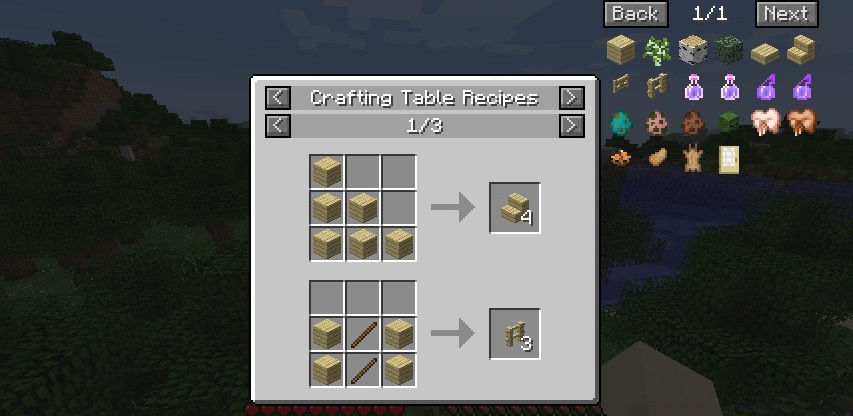 Пример работы JEI в Minecraft с открытым меню рецептов и инвентарём игрока