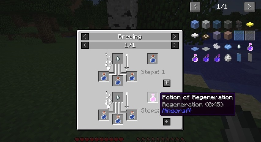 Интерфейс JEI в Minecraft с отображением рецептов крафта и списком предметов