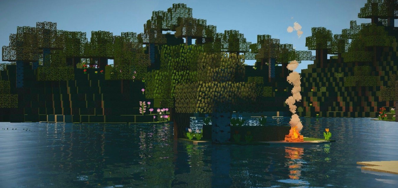 Красивый пейзаж в Minecraft с шейдерами Kadirxo, демонстрирующий реалистичное освещение