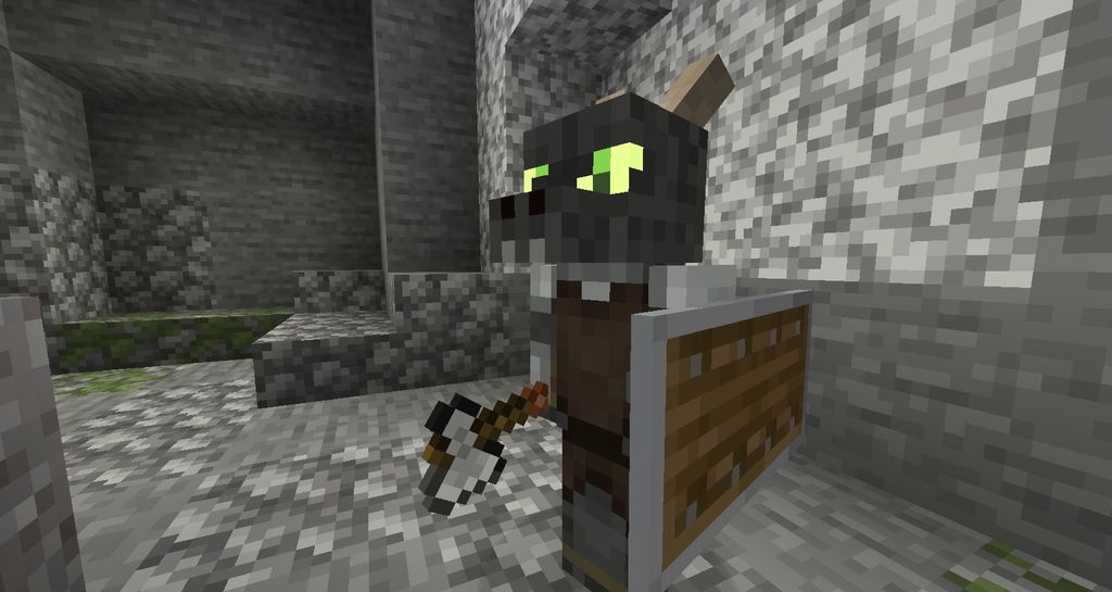 Кобольд в доспехах атакует игрока в подземелье Minecraft