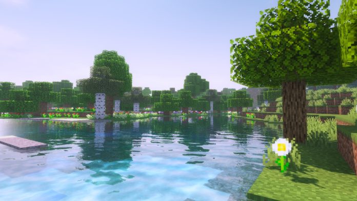 Ночной пейзаж в Minecraft с шейдерами Kuda, звёзды и лунный свет