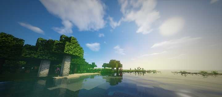Горный биом в Minecraft с шейдерами, реалистичными текстурами и туманом