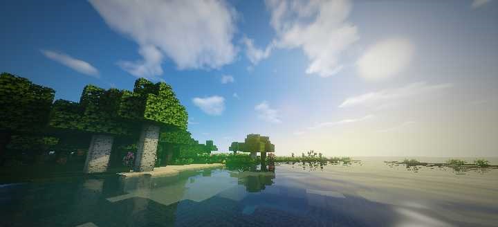 Ночной пейзаж в Minecraft с шейдером KUDA, красивые огни и звезды