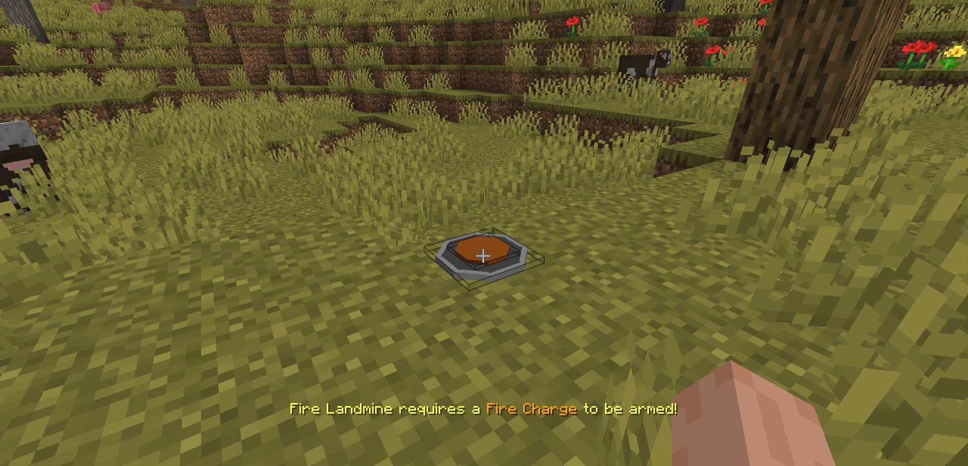 Пример использования огненной мины в Minecraft, поджигающей территорию после активации