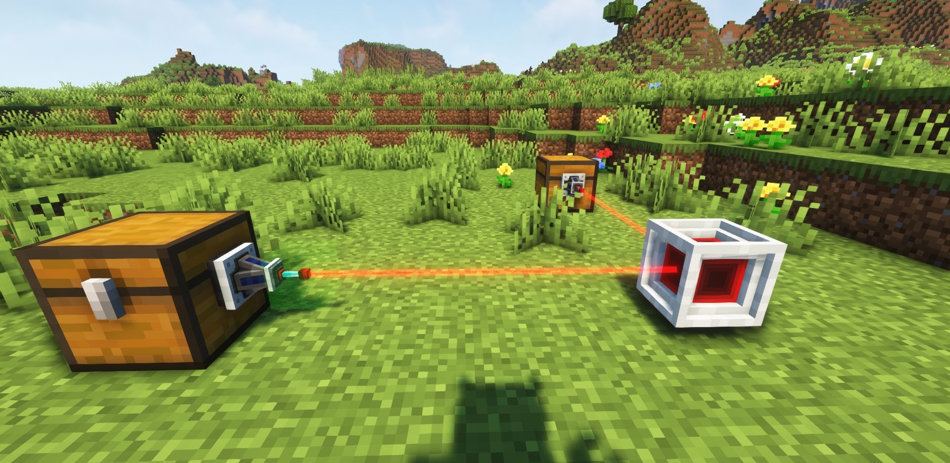 Пример работы лазерных передатчиков в Minecraft с подключенными сундуками