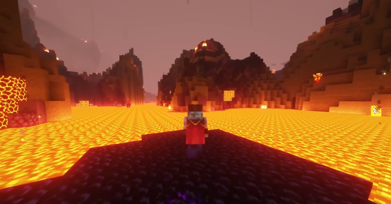 Игрок исследует Нижний мир с модом Lava Walker
