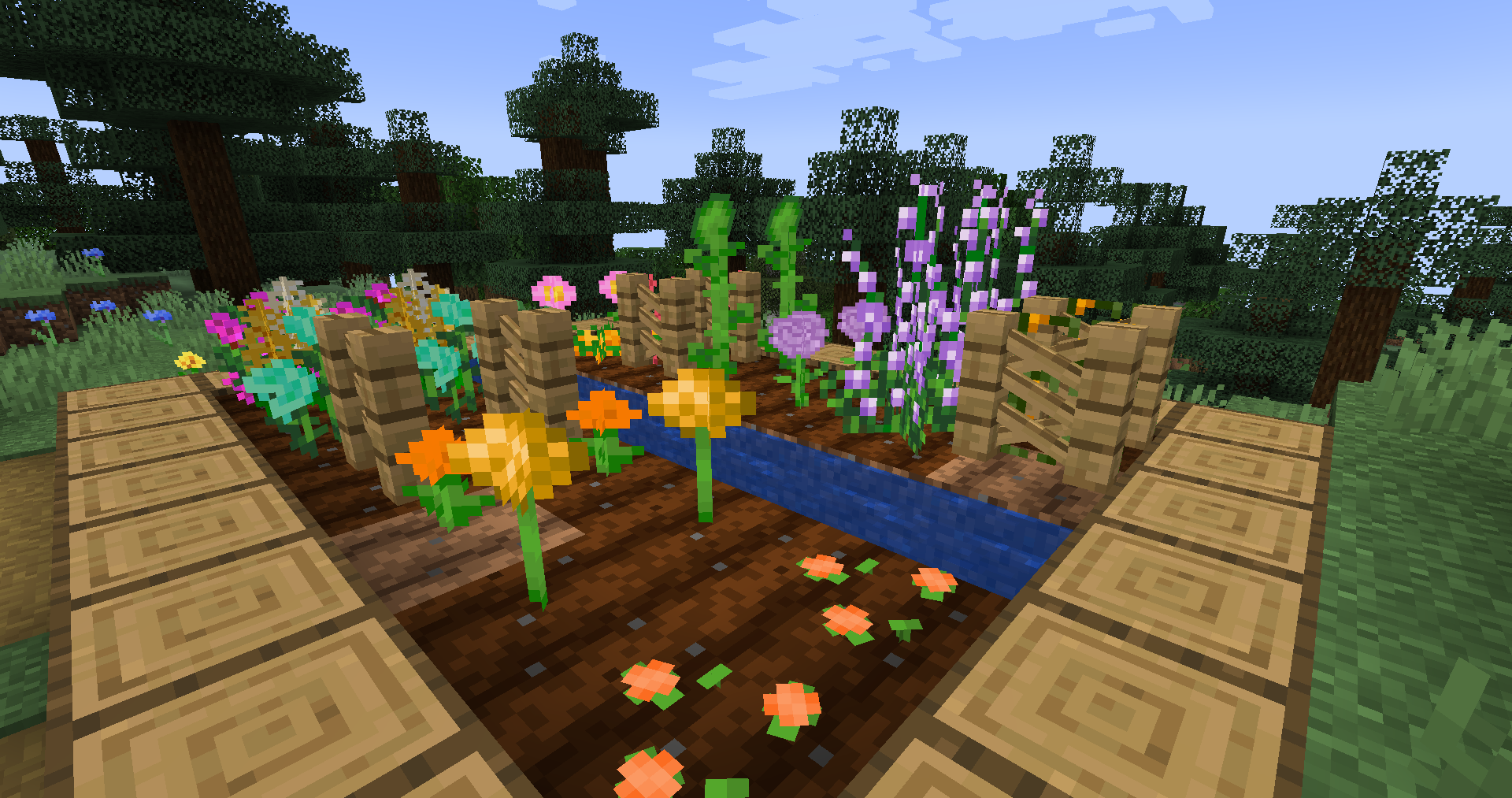 Игрок опыляет цветы в Minecraft с помощью пчел из мода LDShadowLady’s Flower Breeding