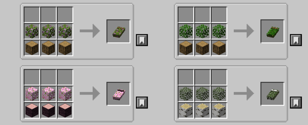 Разные варианты кроватей из листьев в Minecraft: дубовые, березовые, еловые