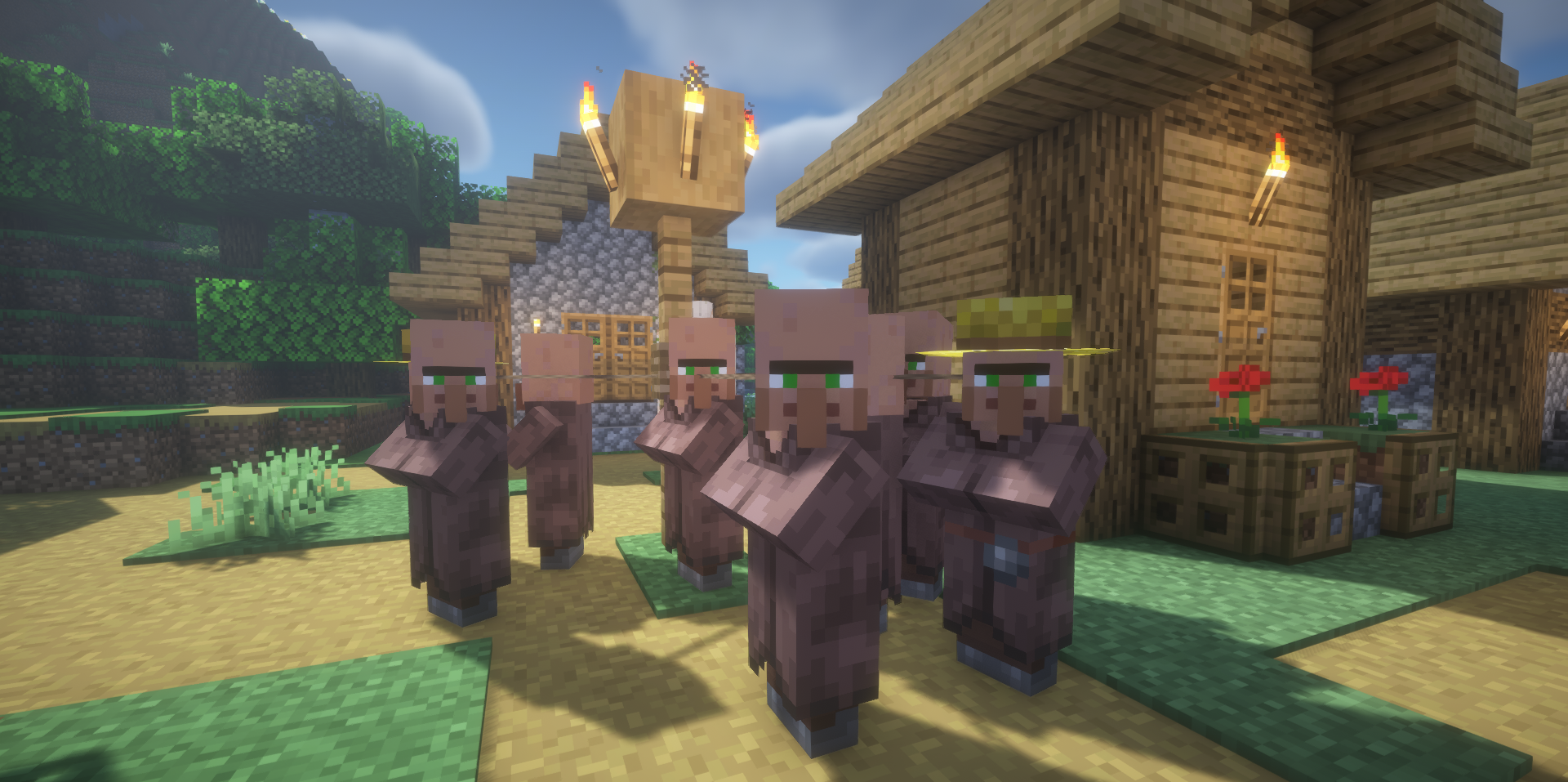 Игрок ведет нескольких жителей на поводках через биом равнины в Minecraft