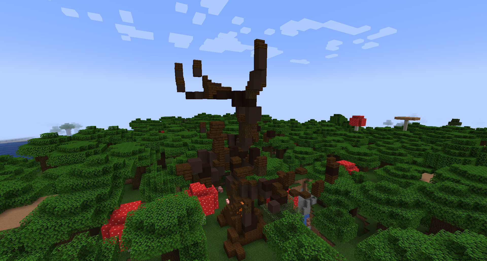 Группа игроков исследует лес с модом Spooky Trees в Minecraft