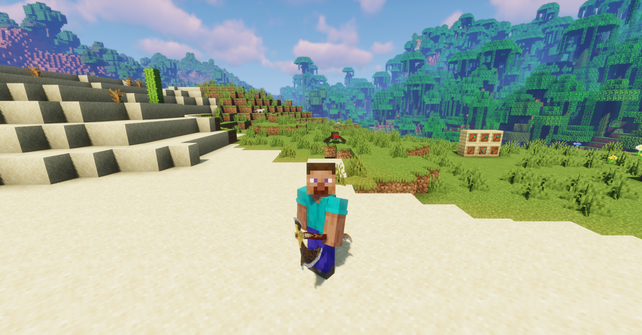 Игрок использует Leviathan Axe в битве с мобами в Minecraft