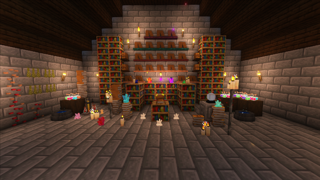 Книжные полки и зельеварение в подземной лаборатории Minecraft