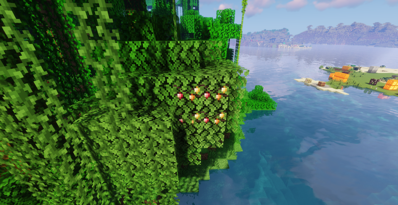 Ночной пейзаж в Minecraft с текстур-паком Light Lightz, подсвеченный огнями