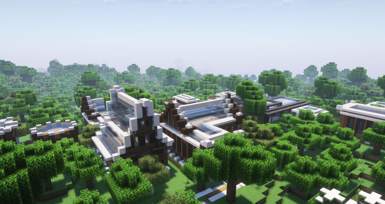 Пример новой деревни с мостом и водяной мельницей в Minecraft