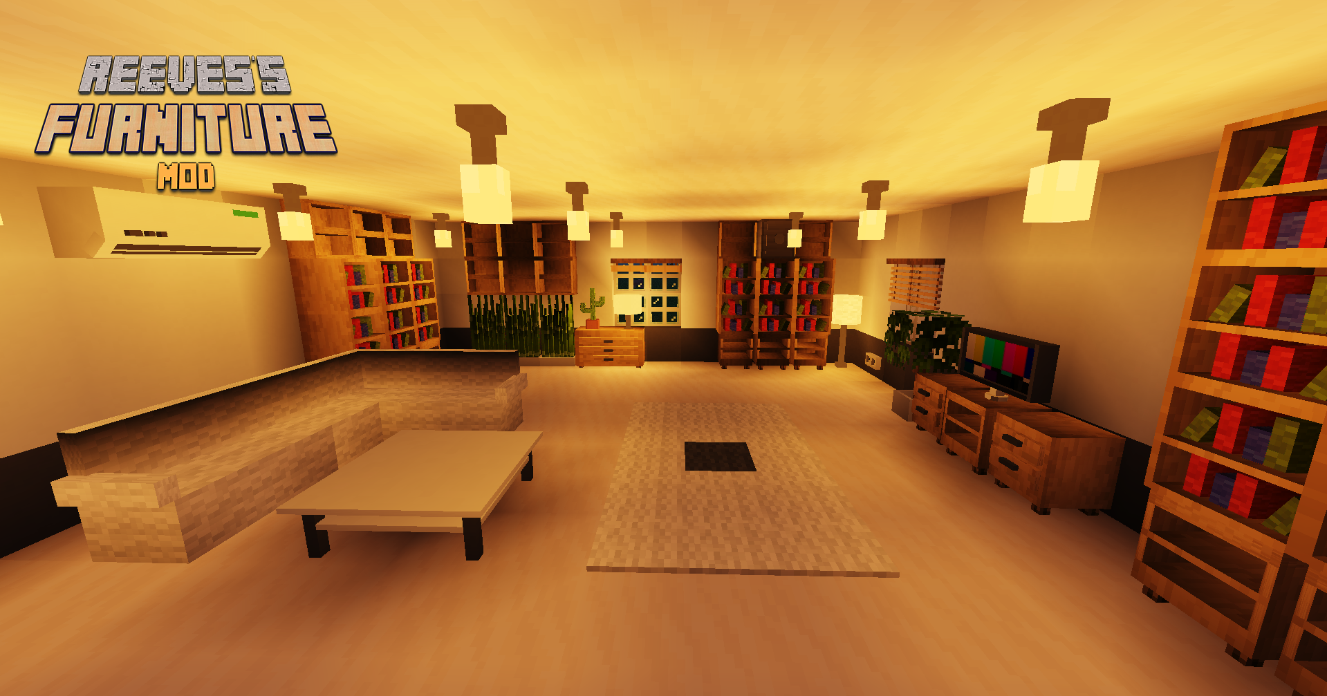 Гостиная в Minecraft с камином, диванами и книжными полками