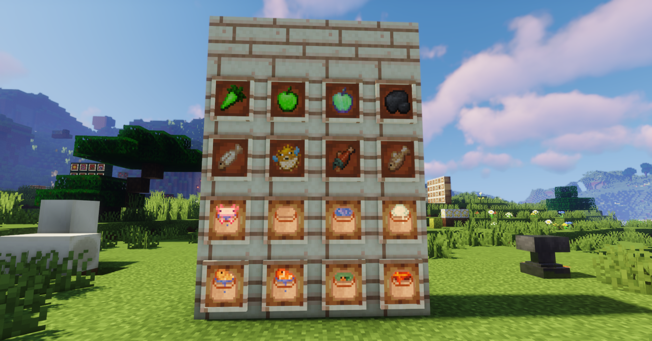 Скриншот Minecraft с текстур-паком Lord Of The Packs, показывающий измененные блоки и окружение
