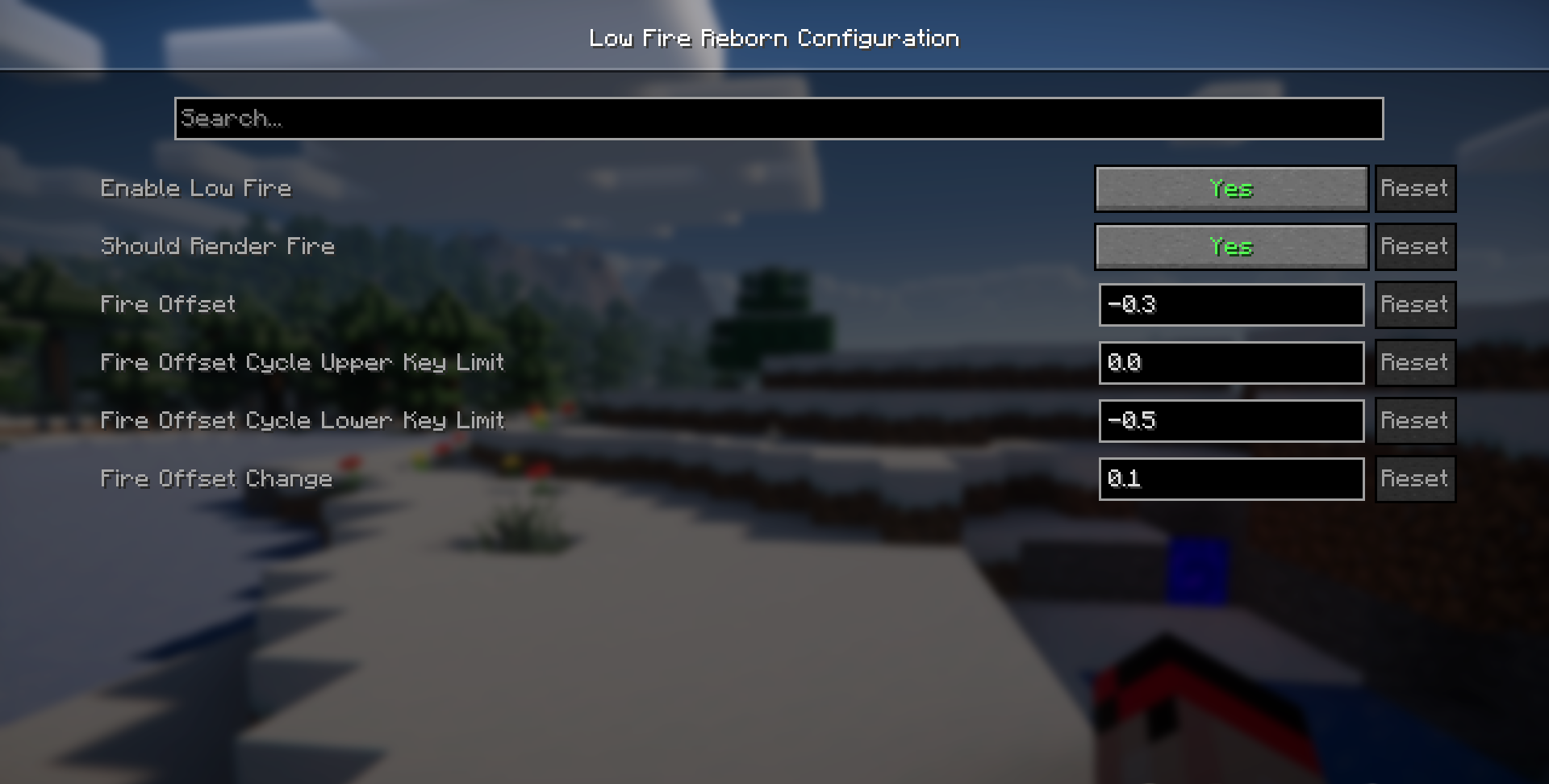 Настройки мода Low Fire Reborn в меню Minecraft
