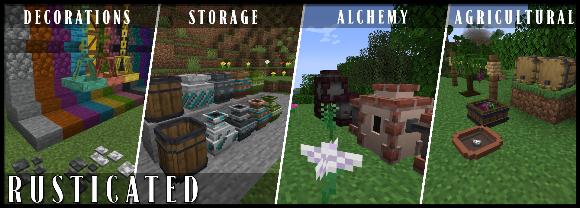 Главный экран Rusticated с изображением деревенского пейзажа в Minecraft