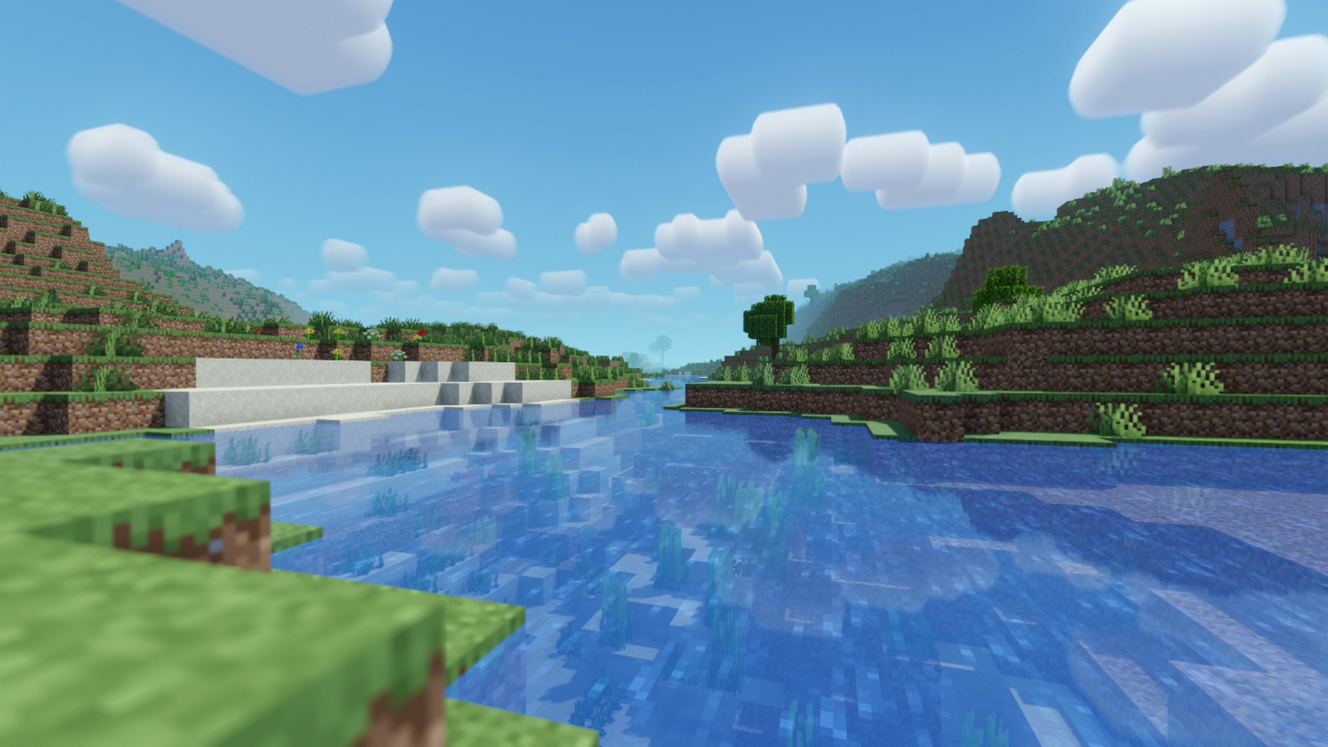 Ночной пейзаж в Minecraft с шейдером MakeUp Ultra Fast, красивые блики и свечение