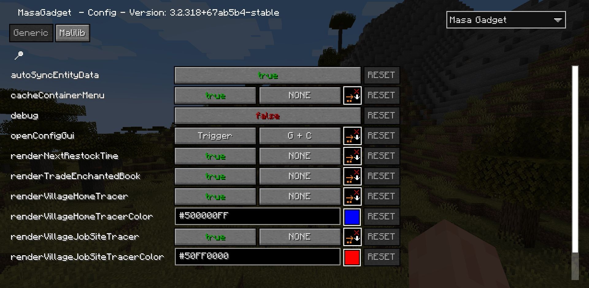 Интерфейс мода Masa Gadget с демонстрацией работы сканера блоков в Minecraft