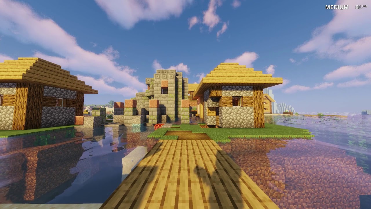 Геймплей Minecraft с шейдерами, демонстрирующий реалистичное освещение и текстуры