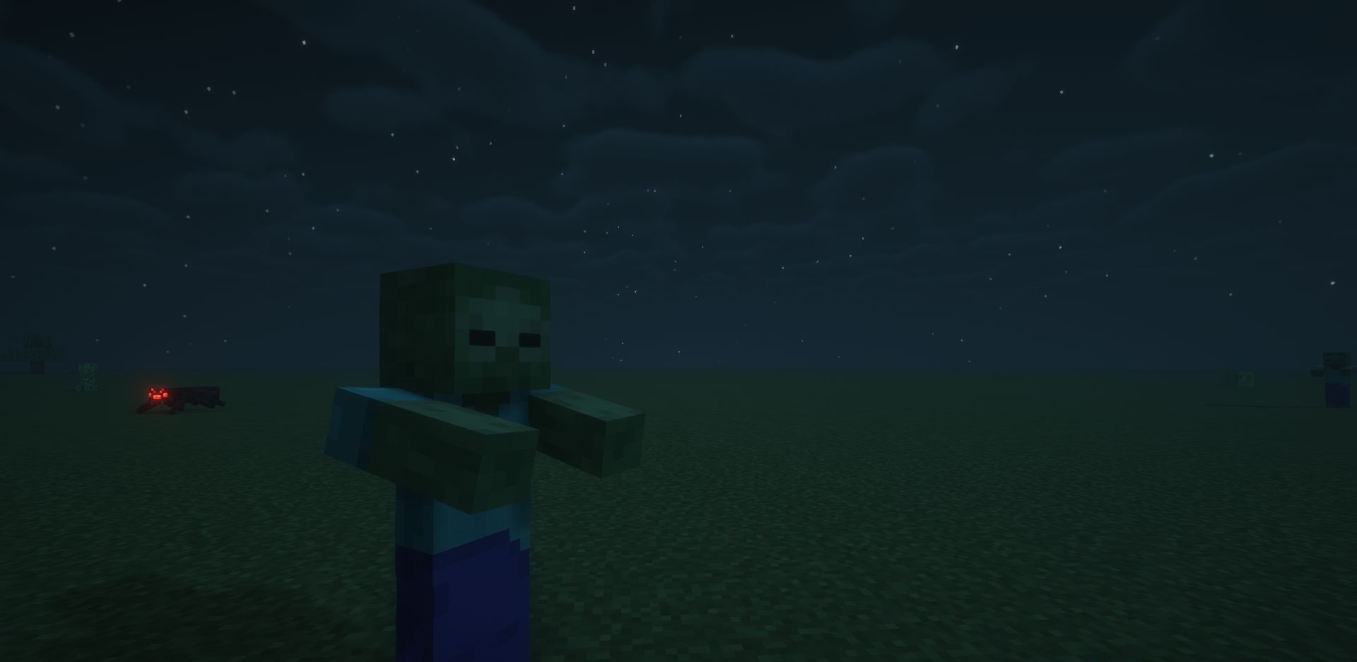 Игрок сражается с толпой зомби ночью в Minecraft