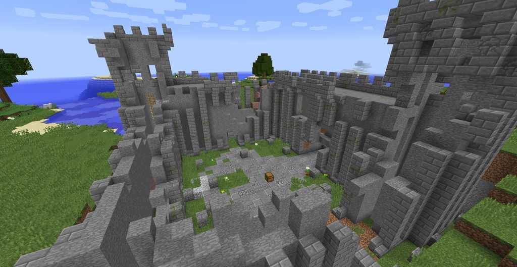 Средневековый замок в Minecraft с флагами и укреплёнными стенами