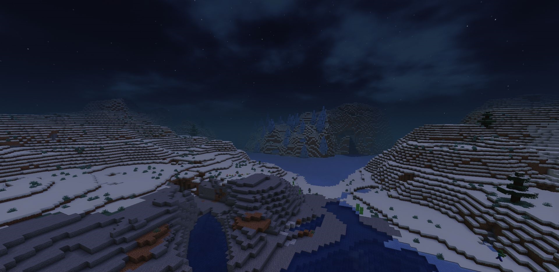 Ночной пейзаж в Minecraft с шейдерами Mellow - лунный свет и мягкое свечение факелов