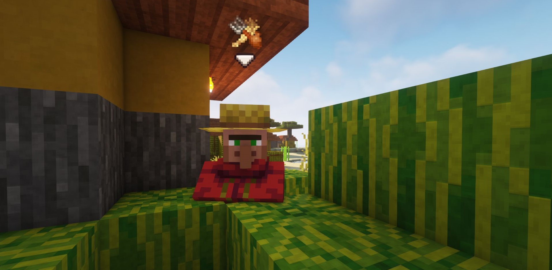 Деревня Minecraft с активными метками торговцев от мода Merchant Markers