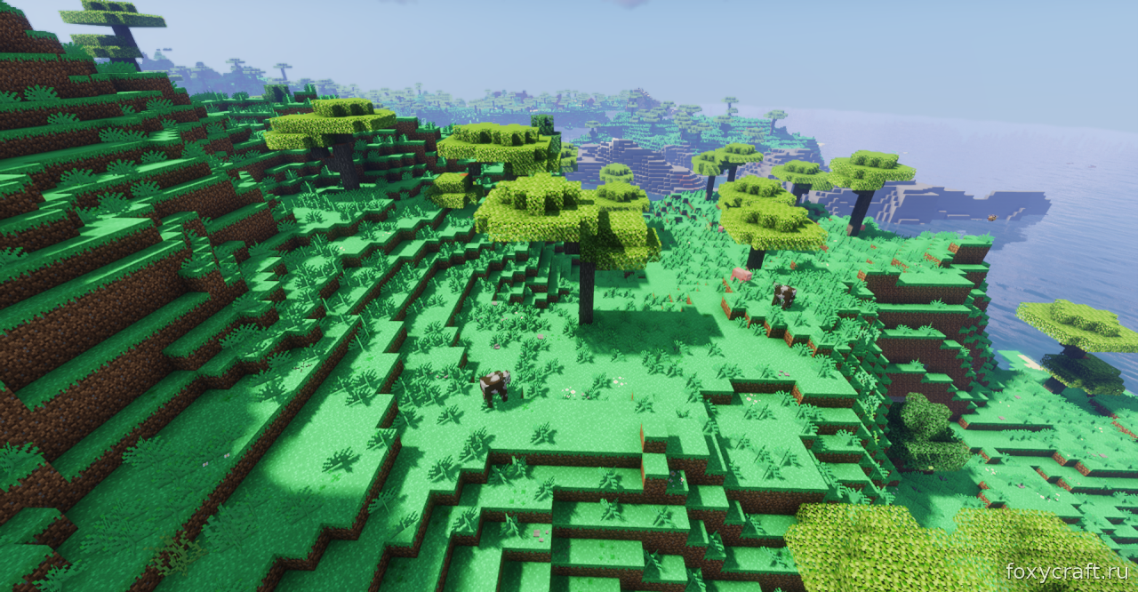Весенний пейзаж в Minecraft с модом Mes'easons Core: цветущие поля и тающий снег