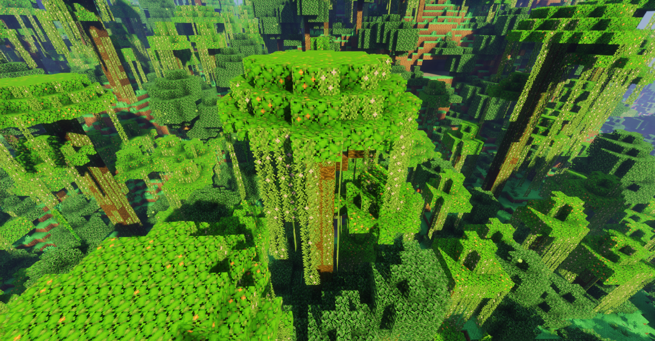 Летний пейзаж в Minecraft с модом Mes'easons Core: зелёные поля и цветущие деревья