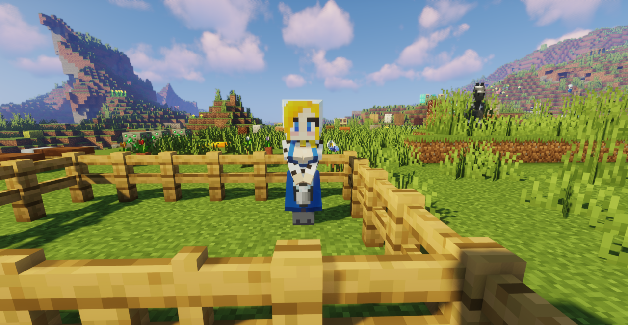Скриншот Minecraft с установленным текстур-паком Milk Maid, показывающий изменённые текстуры