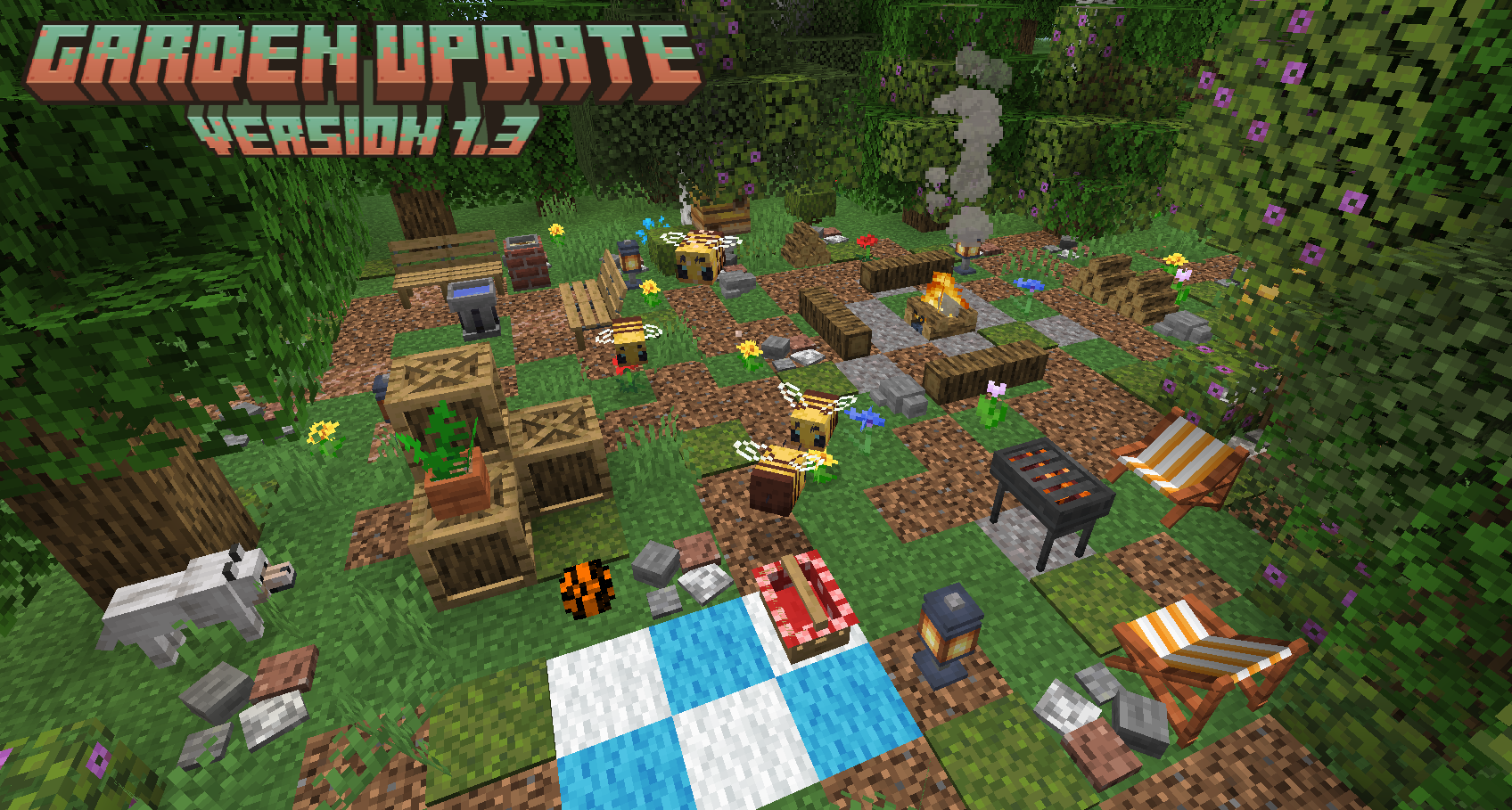 Мод для Minecraft с цветущим садом, кустами и декоративными растениями