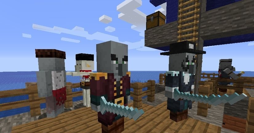 Красивый закат над океаном в Minecraft с пиратским кораблём
