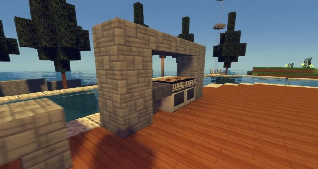 Интерьер дома в Minecraft с текстур-паком Moderna HD, демонстрирующий детализированную мебель и текстуры