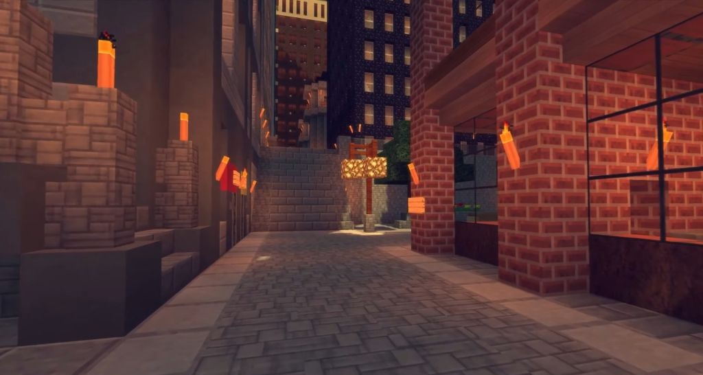 Город в Minecraft с текстур-паком Moderna HD, показывающий современные здания и улучшенное освещение