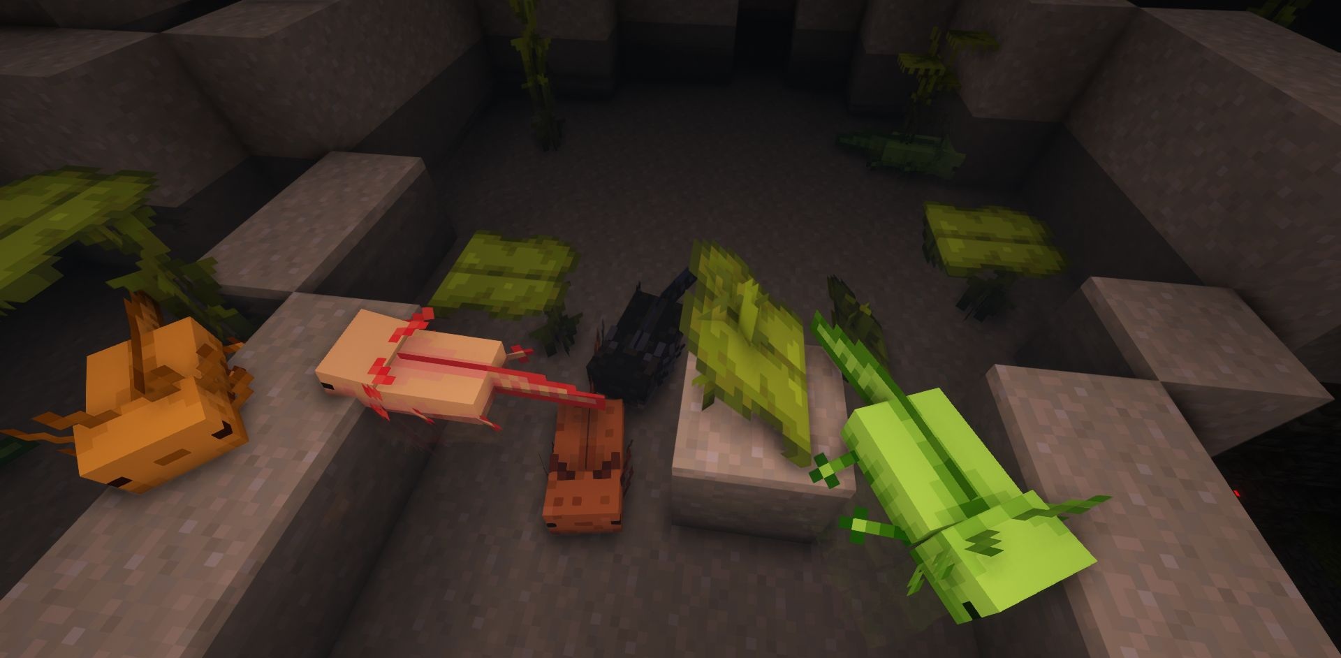 Редкий аксолотль в подводной пещере Minecraft