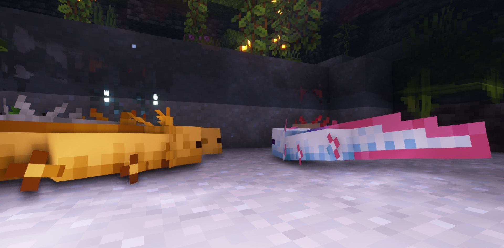 Аксолотли разных цветов в подводной пещере Minecraft