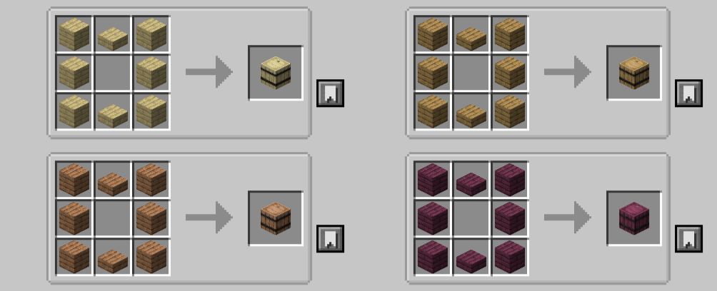 Рецепты крафта различных бочек в Minecraft с модом More Barrel Variants