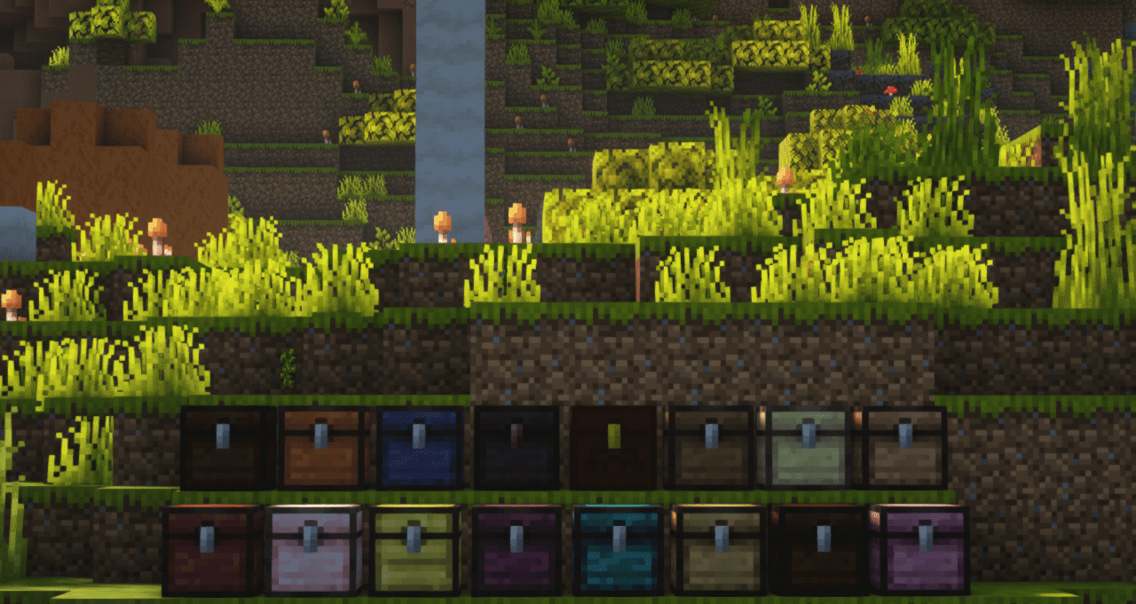 Интерьер с разнообразными сундуками в Minecraft с модом More Chests Variants