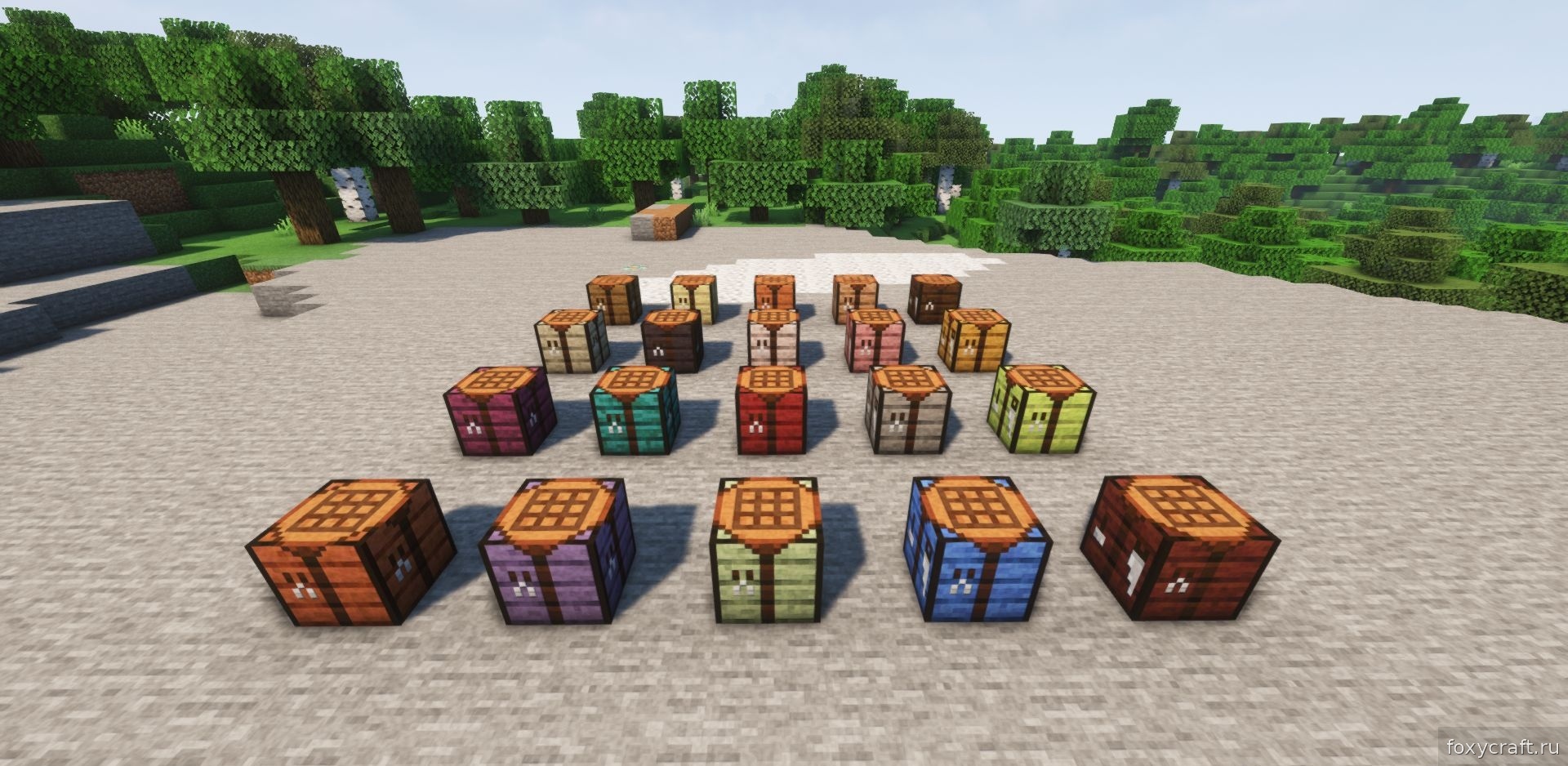 Разные типы верстаков из дуба, березы и тропического дерева в Minecraft