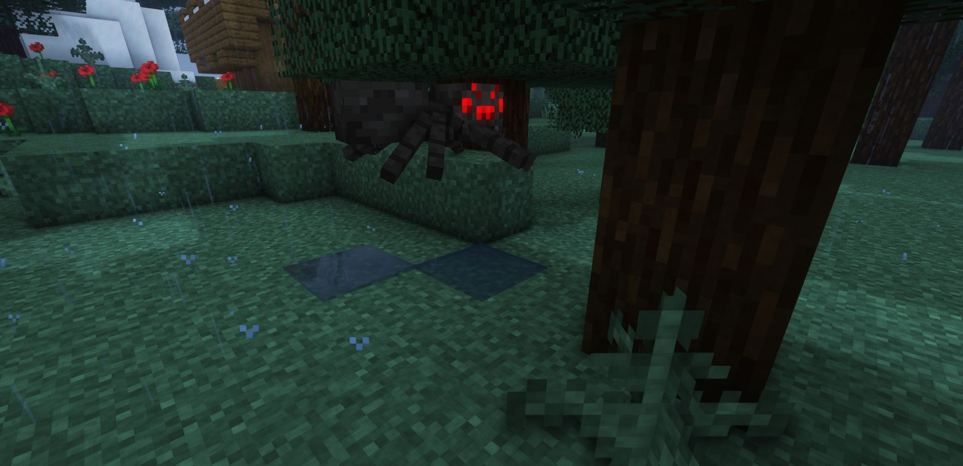 Сравнение луж в обычном Minecraft и с модом Motschen’s Puddles
