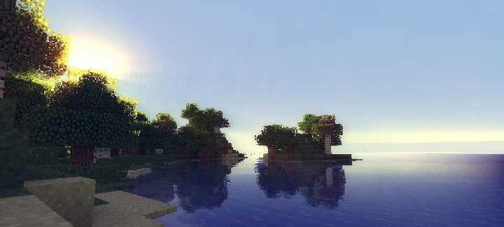 Эпичный закат в Minecraft с шейдером MrMeepz: атмосферное небо и вода