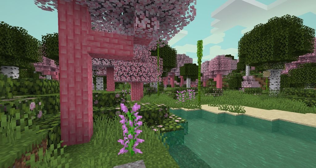 Скриншот магического леса из Mystic’s Biomes с мерцающими деревьями и необычными блоками