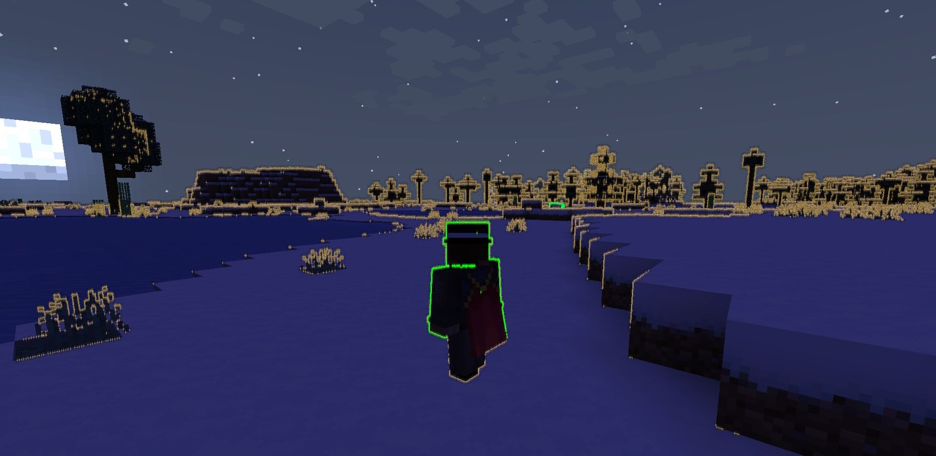 Скриншот Minecraft с шейдерами Neon Skylines, показывающий неоновый город ночью