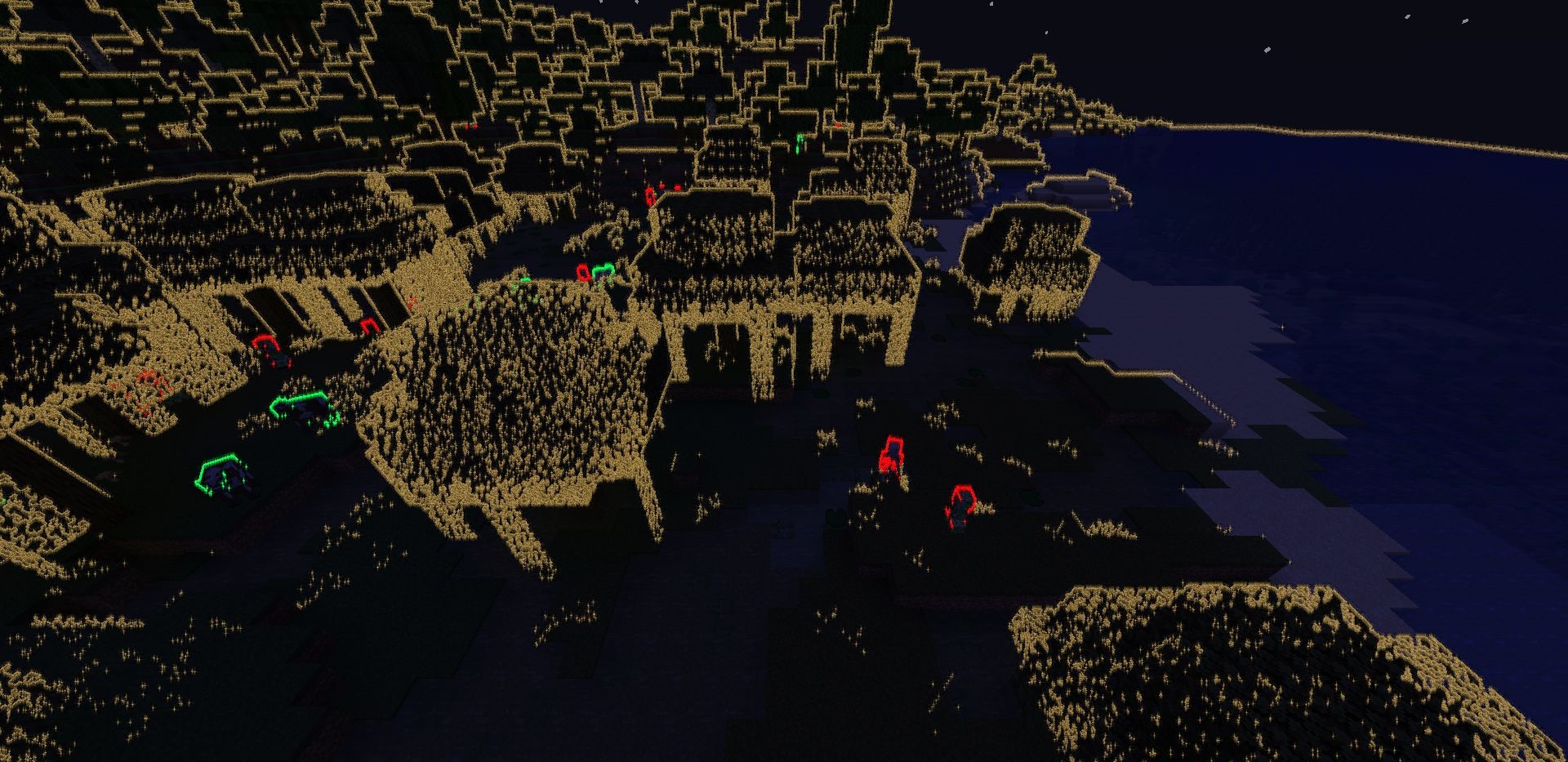 Minecraft с неоновыми шейдерами — футуристический пейзаж с яркими огнями