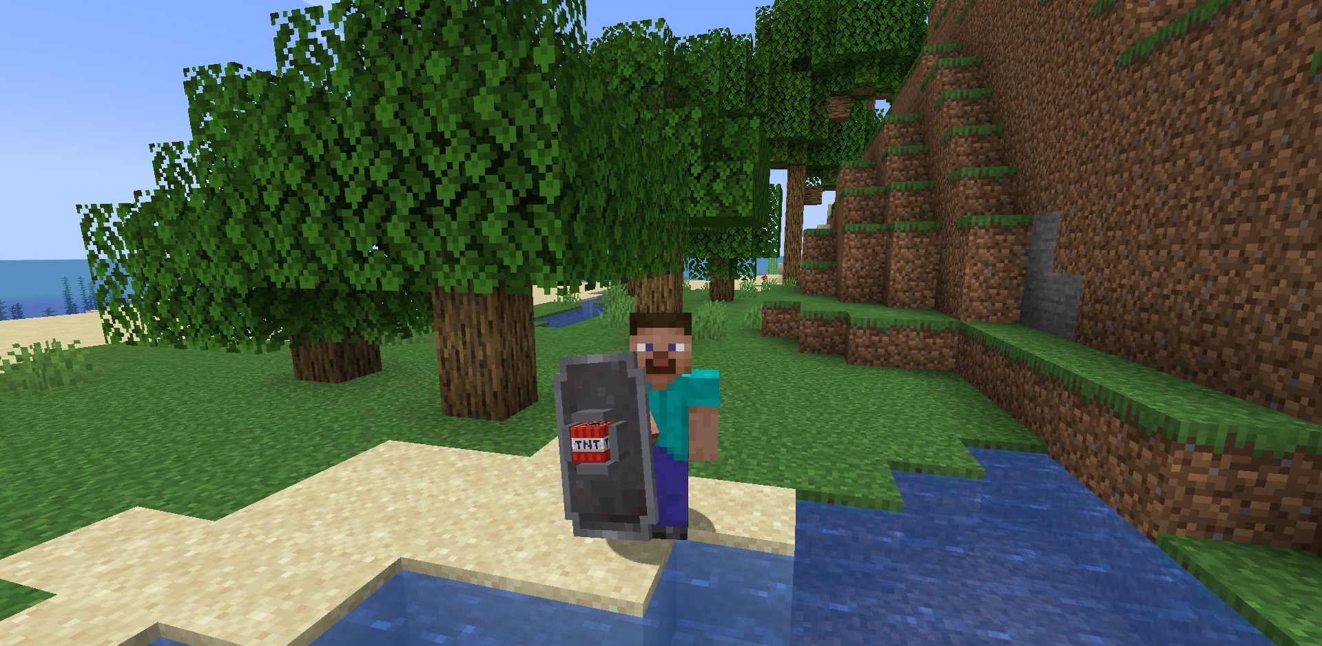 Щит с алмазной отделкой в руках игрока в пещере Minecraft