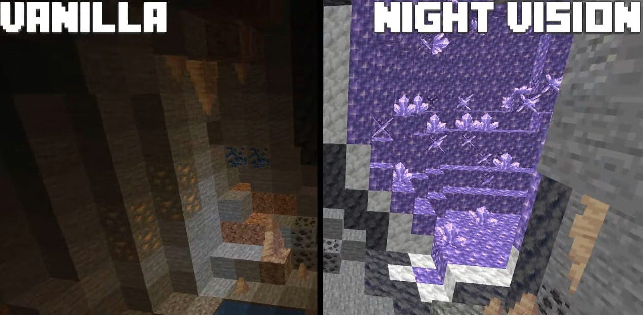 Сравнение обычного и улучшенного освещения в Minecraft с текстур-паком Night Vision