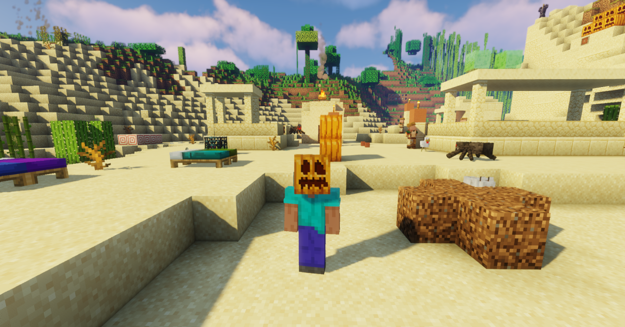 Интерфейс Minecraft с активированным текстур-паком No More Pumpkin Blur